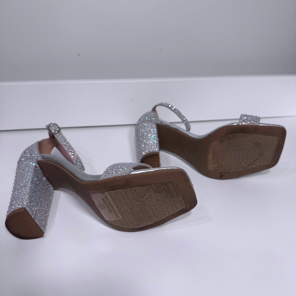 Sparkling Rhinestone Block Heels Silver Ankle Strap Square Toe Sandals 7 Prom - Picture 12 of 14